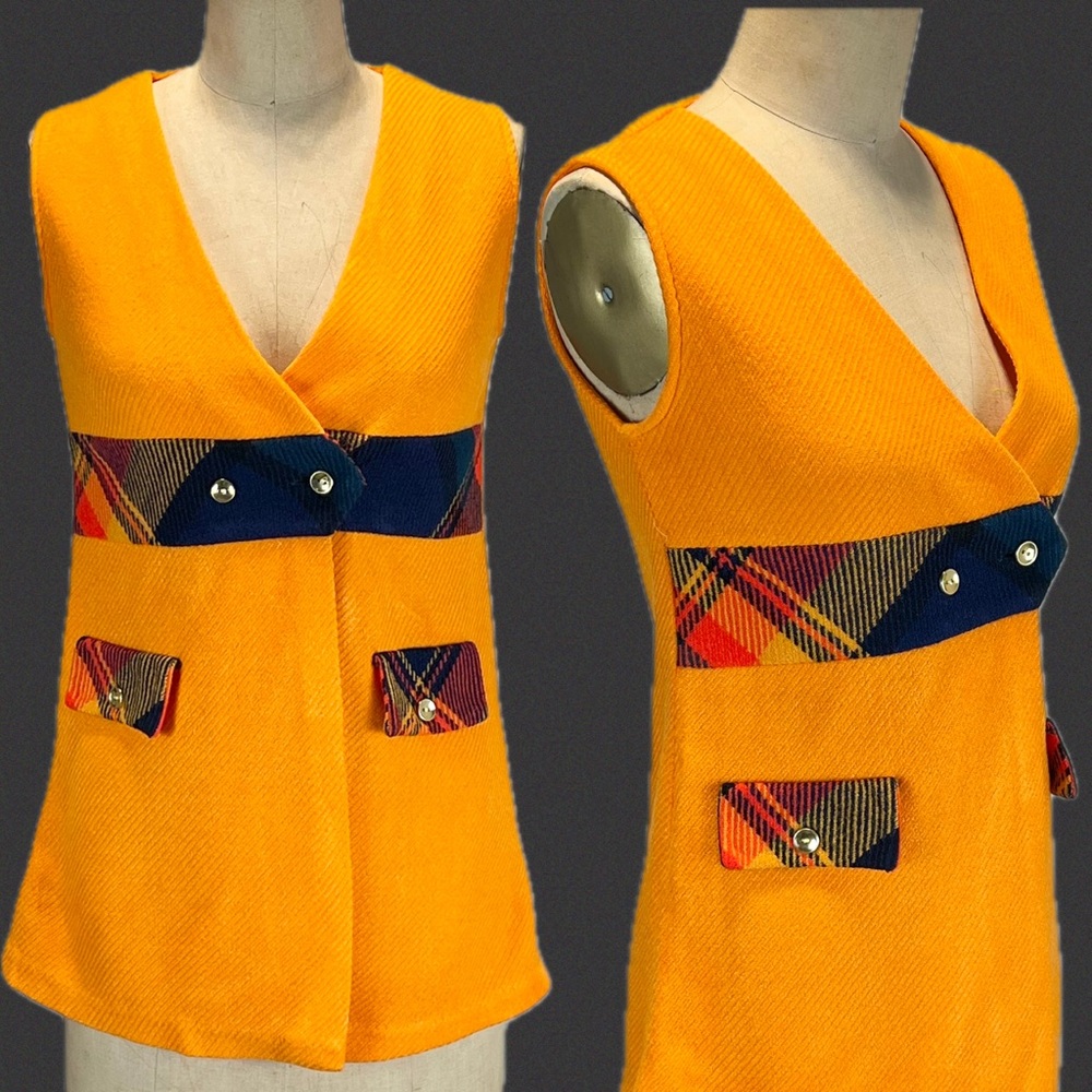 VINTAGE 60s‎ plaid orange sleeveless dress tunic top little girls women’s small